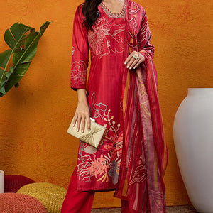 Red Silk Blend Floral Printed Straight Suit Set PKSKD2458