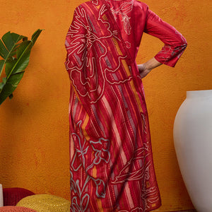 Red Silk Blend Floral Printed Straight Suit Set PKSKD2458
