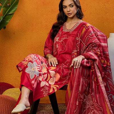 Red Silk Blend Floral Printed Straight Suit Set PKSKD2458