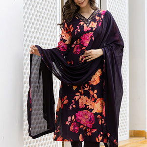 Purple Rayon Blend Floral Printed Straight Suit Set PKSKD2467