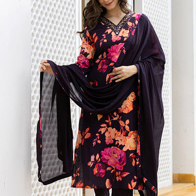 Purple Rayon Blend Floral Printed Straight Suit Set PKSKD2467
