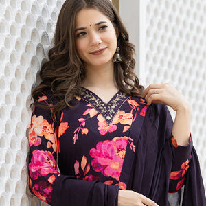 Purple Rayon Blend Floral Printed Straight Suit Set PKSKD2467