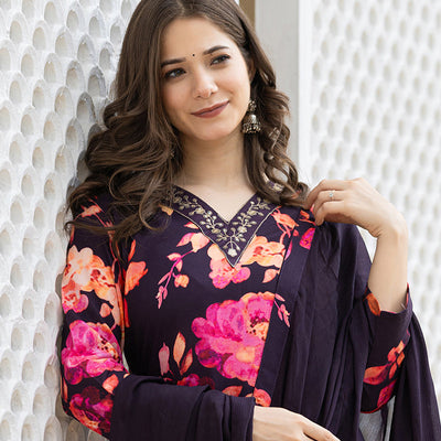 Purple Rayon Blend Floral Printed Straight Suit Set PKSKD2467