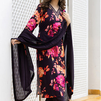 Purple Rayon Blend Floral Printed Straight Suit Set PKSKD2467