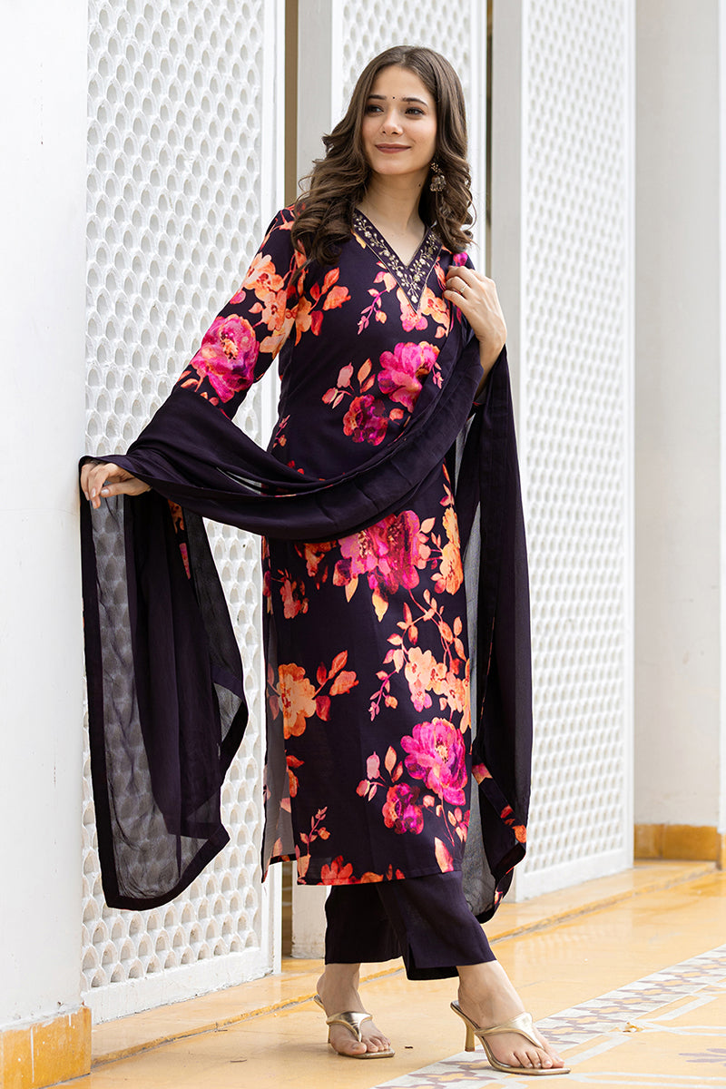 Purple Rayon Blend Floral Printed Straight Suit Set PKSKD2467