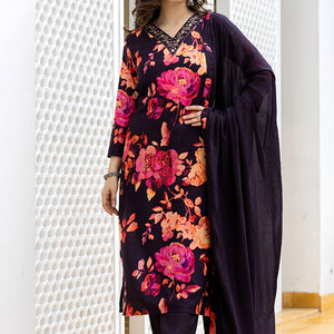 Purple Rayon Blend Floral Printed Straight Suit Set PKSKD2467