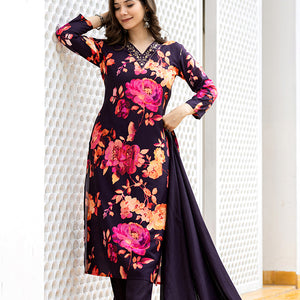 Purple Rayon Blend Floral Printed Straight Suit Set PKSKD2467