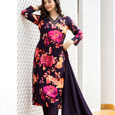 Purple Rayon Blend Floral Printed Straight Suit Set PKSKD2467
