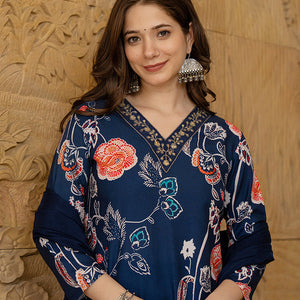 Blue Rayon Blend Floral Printed Straight Suit Set PKSKD2469