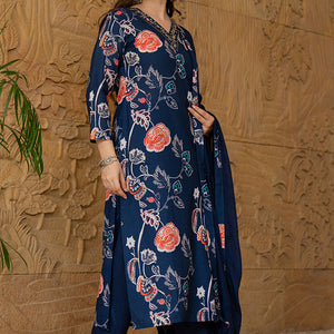 Blue Rayon Blend Floral Printed Straight Suit Set PKSKD2469