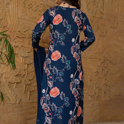 Blue Rayon Blend Floral Printed Straight Suit Set PKSKD2469