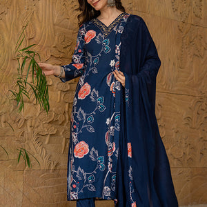 Blue Rayon Blend Floral Printed Straight Suit Set PKSKD2469