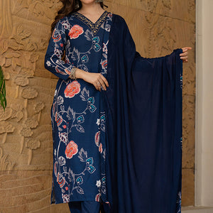Blue Rayon Blend Floral Printed Straight Suit Set PKSKD2469