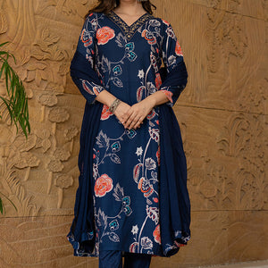 Blue Rayon Blend Floral Printed Straight Suit Set PKSKD2469