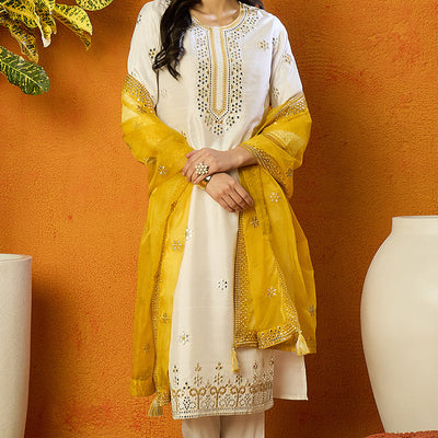 White Silk Blend Solid Embroidered Straight Suit Set PKSKD2471