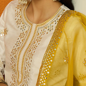 White Silk Blend Solid Embroidered Straight Suit Set PKSKD2471