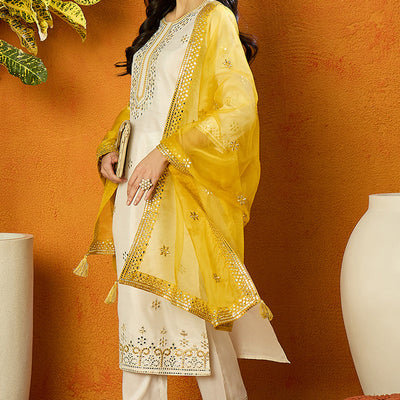 White Silk Blend Solid Embroidered Straight Suit Set PKSKD2471