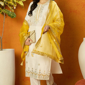 White Silk Blend Solid Embroidered Straight Suit Set PKSKD2471