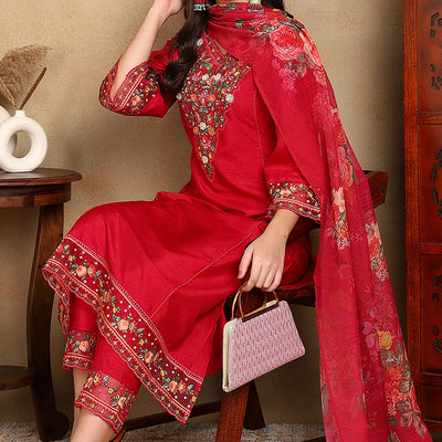 Rani Pink Silk Blend Solid Embroidered Straight Trouser Bottom Suit Set PKSKD2472