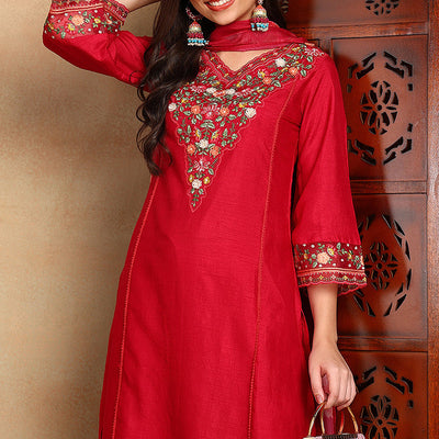 Rani Pink Silk Blend Solid Embroidered Straight Trouser Bottom Suit Set PKSKD2472