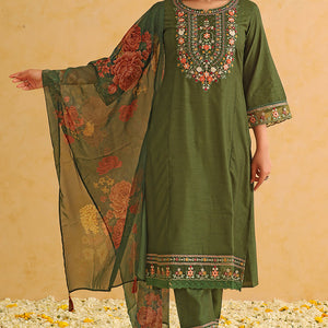 Green Silk Blend Solid Embroidered Straight Trouser Suit Set PKSKD2473