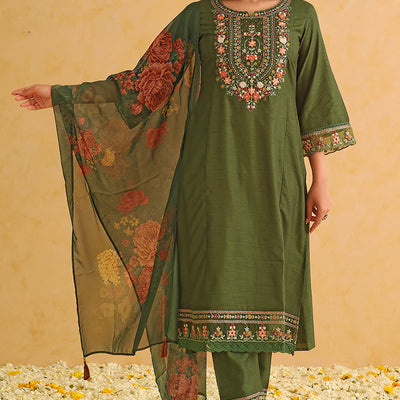 Green Silk Blend Solid Embroidered Straight Trouser Suit Set PKSKD2473