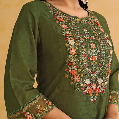Green Silk Blend Solid Embroidered Straight Trouser Suit Set PKSKD2473