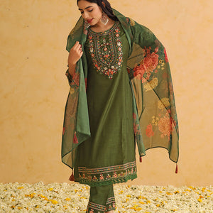 Green Silk Blend Solid Embroidered Straight Trouser Suit Set PKSKD2473