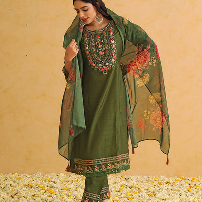 Green Silk Blend Solid Embroidered Straight Trouser Suit Set PKSKD2473
