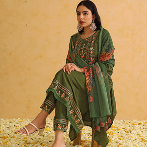 Green Silk Blend Solid Embroidered Straight Trouser Suit Set PKSKD2473