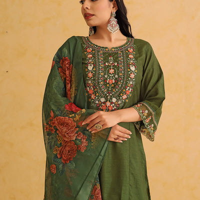 Green Silk Blend Solid Embroidered Straight Trouser Suit Set PKSKD2473