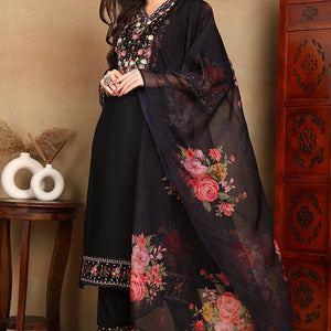 Black Silk Blend Solid Embroidered Straight Trouser Bottom Suit Set PKSKD2474