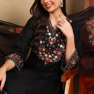 Black Silk Blend Solid Embroidered Straight Trouser Bottom Suit Set PKSKD2474