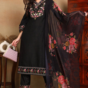 Black Silk Blend Solid Embroidered Straight Trouser Bottom Suit Set PKSKD2474
