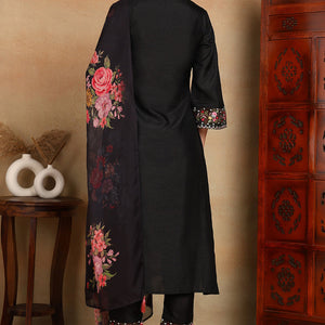 Black Silk Blend Solid Embroidered Straight Trouser Bottom Suit Set PKSKD2474