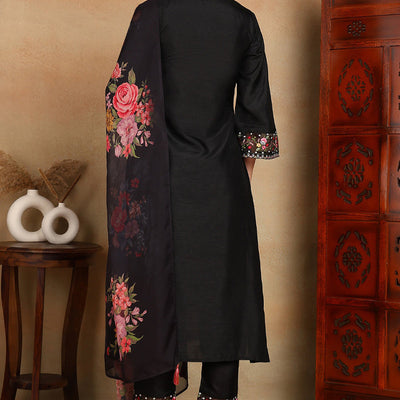 Black Silk Blend Solid Embroidered Straight Trouser Bottom Suit Set PKSKD2474