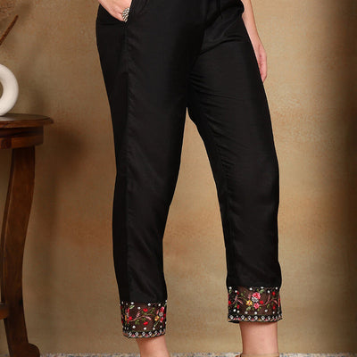 Black Silk Blend Solid Embroidered Straight Trouser Bottom Suit Set PKSKD2474