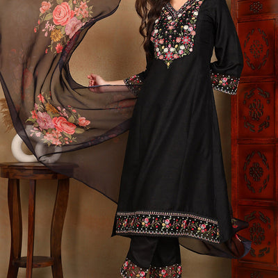Black Silk Blend Solid Embroidered Straight Trouser Bottom Suit Set PKSKD2474