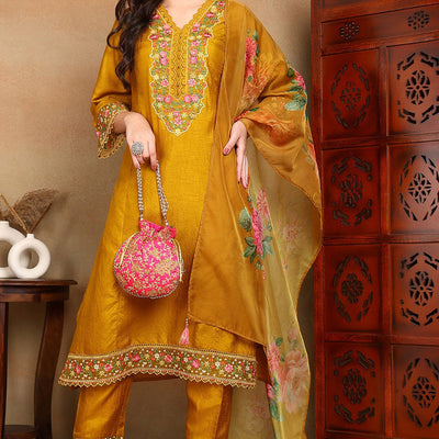 Mustard Yellow Silk Blend Solid Embroidered Straight Trouser Bottom Suit Set PKSKD2475