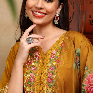 Mustard Yellow Silk Blend Solid Embroidered Straight Trouser Bottom Suit Set PKSKD2475