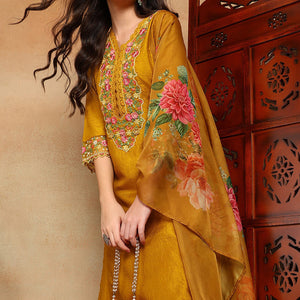 Mustard Yellow Silk Blend Solid Embroidered Straight Trouser Bottom Suit Set PKSKD2475