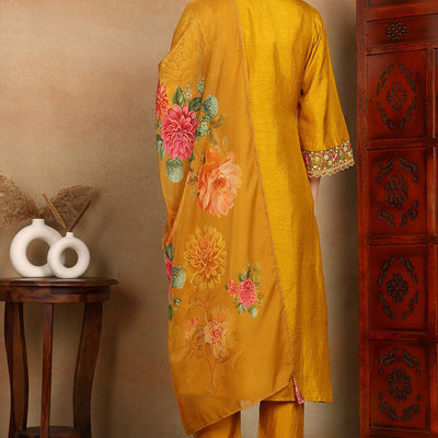 Mustard Yellow Silk Blend Solid Embroidered Straight Trouser Bottom Suit Set PKSKD2475