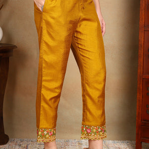 Mustard Yellow Silk Blend Solid Embroidered Straight Trouser Bottom Suit Set PKSKD2475