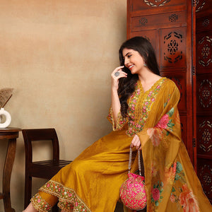 Mustard Yellow Silk Blend Solid Embroidered Straight Trouser Bottom Suit Set PKSKD2475