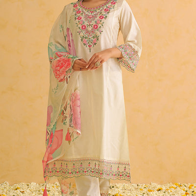 Off White Silk Blend Solid Embroidered Straight Trouser Bottom Suit Set PKSKD2476