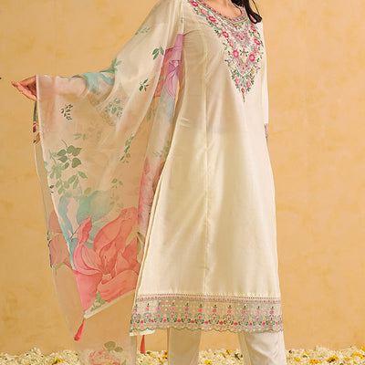 Off White Silk Blend Solid Embroidered Straight Trouser Bottom Suit Set PKSKD2476