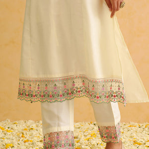 Off White Silk Blend Solid Embroidered Straight Trouser Bottom Suit Set PKSKD2476