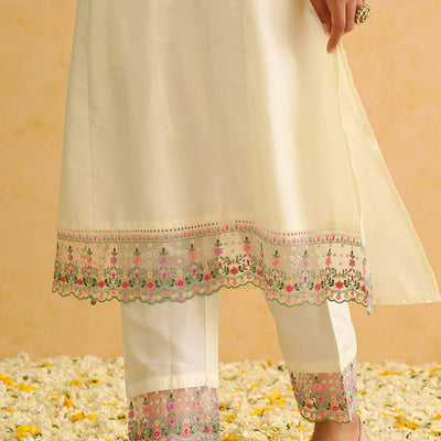 Off White Silk Blend Solid Embroidered Straight Trouser Bottom Suit Set PKSKD2476
