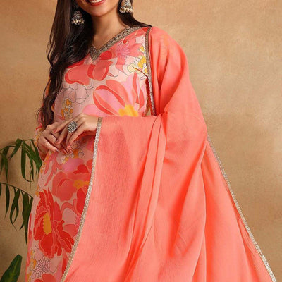 Peach Rayon Blend Floral Printed Straight Trouser Suit Set PKSKD2477