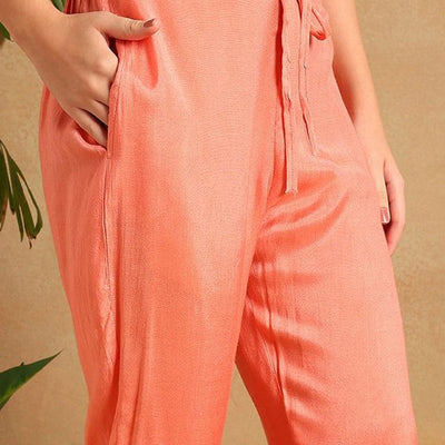 Peach Rayon Blend Floral Printed Straight Trouser Suit Set PKSKD2477